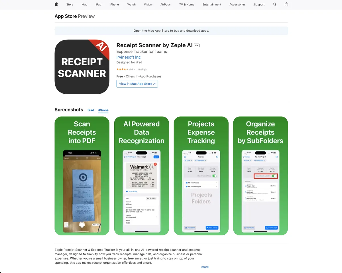 Power Receipt App Store listing with screenshots