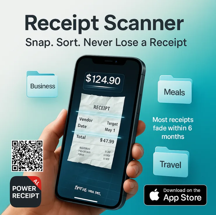 Power Receipt promotional graphic: Receipt Scanner — Snap. Sort. Never Lose a Receipt.
